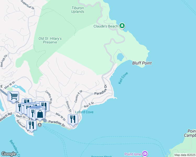 map of restaurants, bars, coffee shops, grocery stores, and more near 2375 Spanish Trail Road in Tiburon