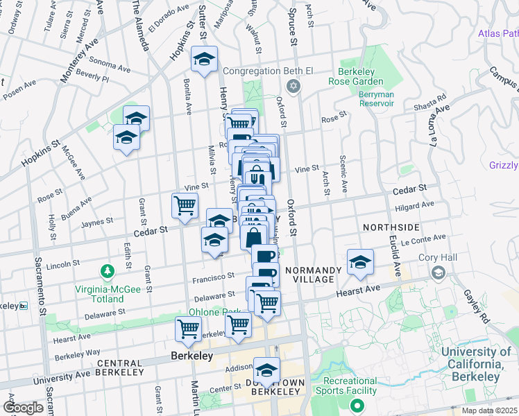 map of restaurants, bars, coffee shops, grocery stores, and more near 1543 Shattuck Avenue in Berkeley