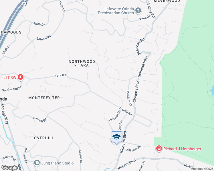 map of restaurants, bars, coffee shops, grocery stores, and more near 4 Shawnee Lane in Orinda