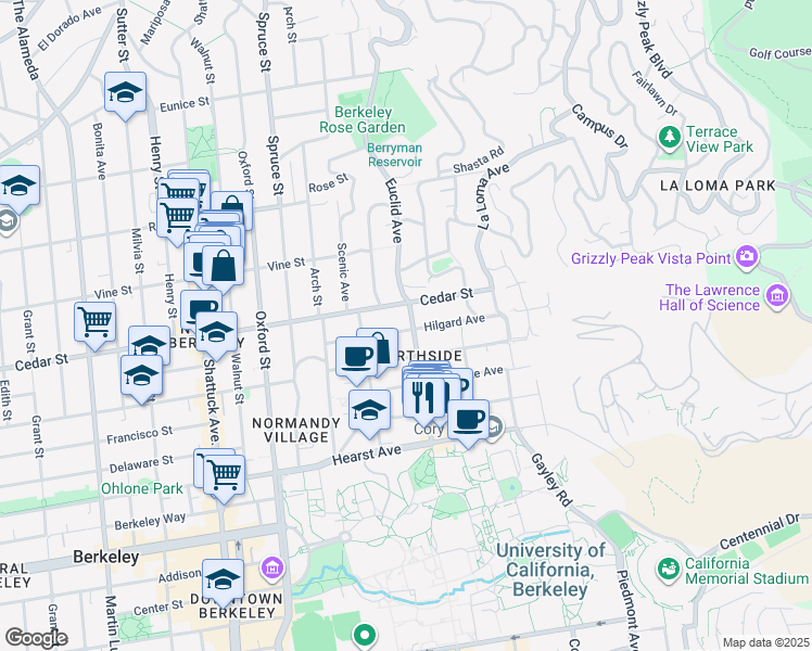 map of restaurants, bars, coffee shops, grocery stores, and more near 1640 Euclid Avenue in Berkeley