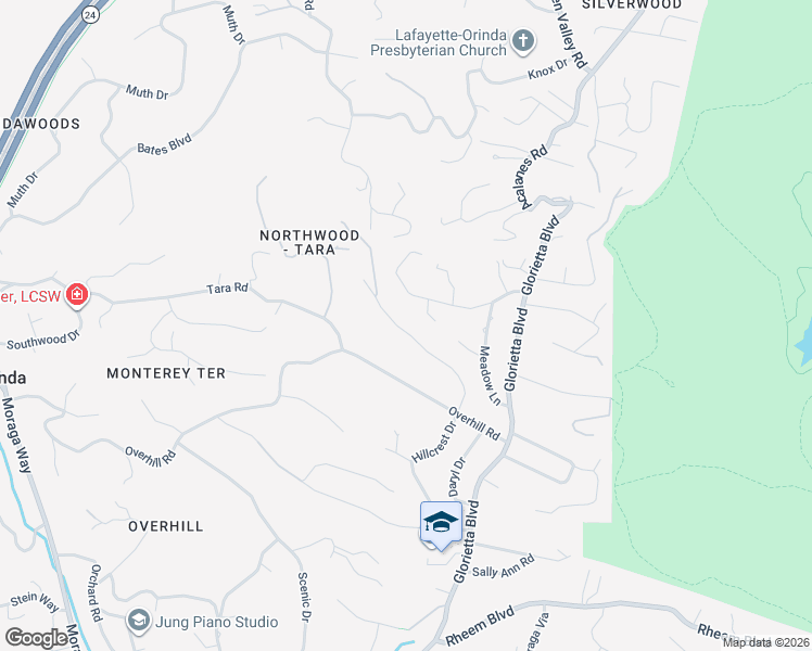 map of restaurants, bars, coffee shops, grocery stores, and more near 102 Hillcrest Drive in Orinda