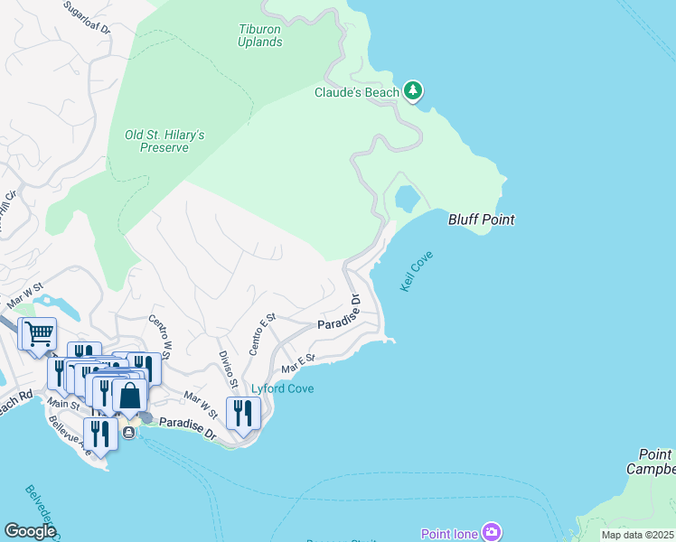 map of restaurants, bars, coffee shops, grocery stores, and more near 2495 Paradise Drive in Marin County