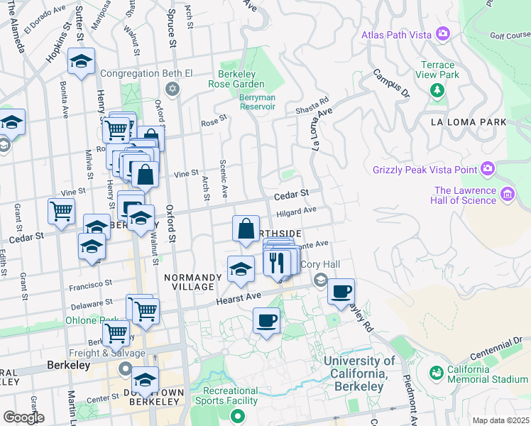 map of restaurants, bars, coffee shops, grocery stores, and more near 1640 Euclid Avenue in Berkeley