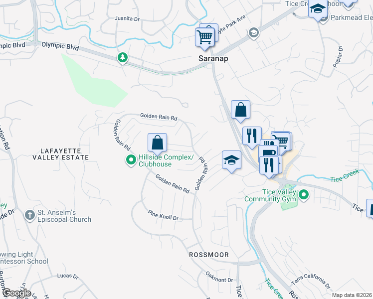 map of restaurants, bars, coffee shops, grocery stores, and more near 2425 Golden Rain Road in Walnut Creek
