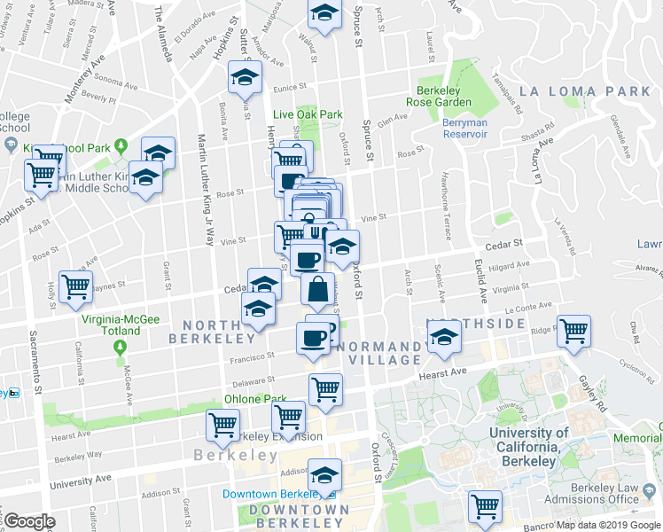 map of restaurants, bars, coffee shops, grocery stores, and more near 1523 Walnut Street in Berkeley