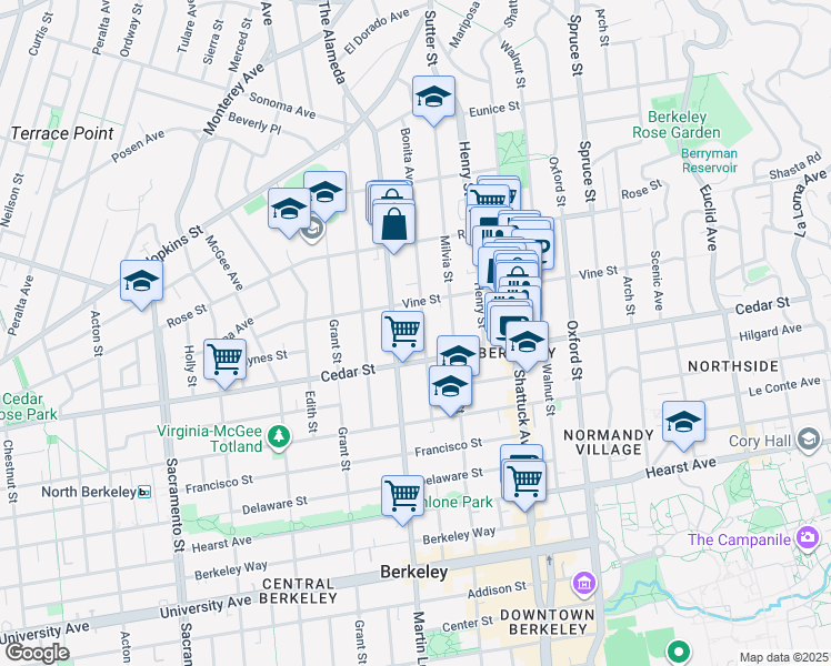 map of restaurants, bars, coffee shops, grocery stores, and more near 1930 Vine Street in Berkeley