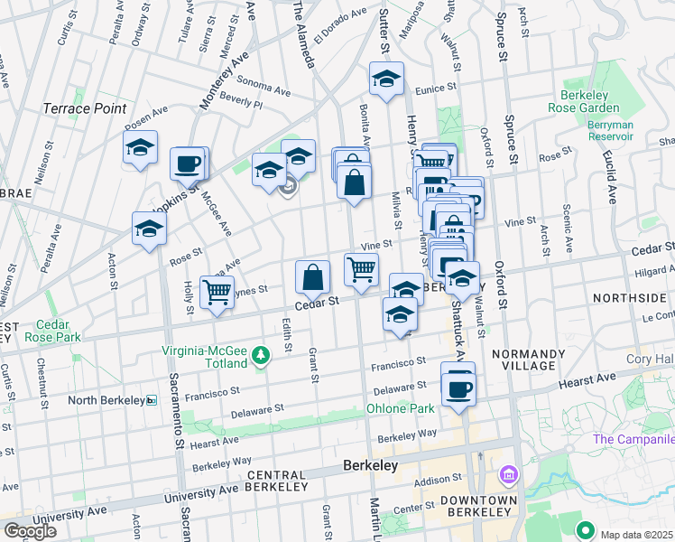 map of restaurants, bars, coffee shops, grocery stores, and more near 1500 Martin Luther King Junior Way in Berkeley
