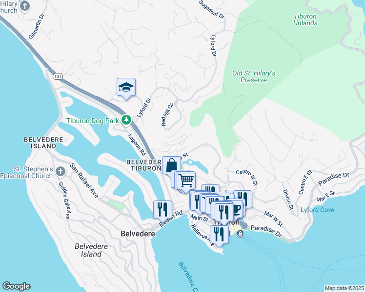 map of restaurants, bars, coffee shops, grocery stores, and more near 36 Harbor Oak Drive in Tiburon