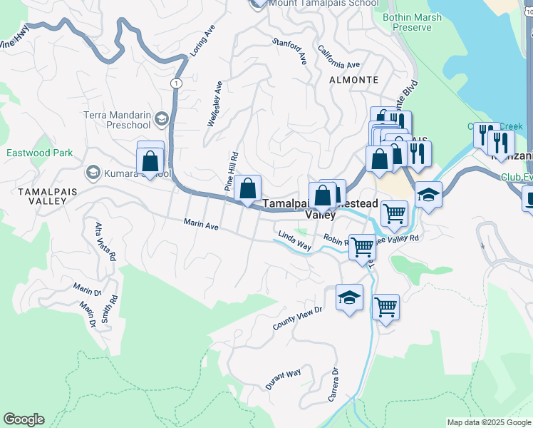 map of restaurants, bars, coffee shops, grocery stores, and more near 357 Woodside Avenue in Mill Valley