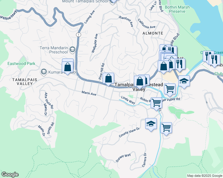map of restaurants, bars, coffee shops, grocery stores, and more near 309 Sunset Way in Mill Valley