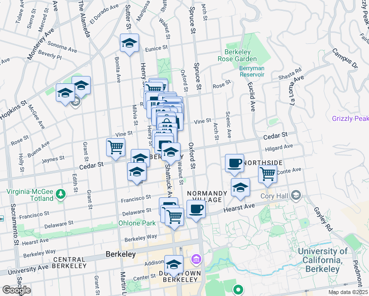 map of restaurants, bars, coffee shops, grocery stores, and more near 2135 Cedar Street in Berkeley