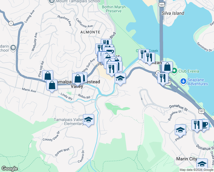 map of restaurants, bars, coffee shops, grocery stores, and more near 227 Flamingo Road in Mill Valley