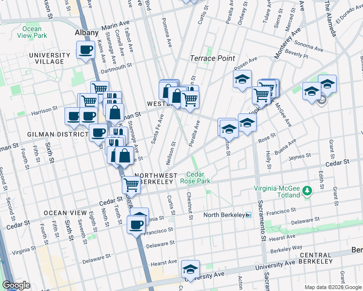 map of restaurants, bars, coffee shops, grocery stores, and more near 1363 Northside Avenue in Berkeley