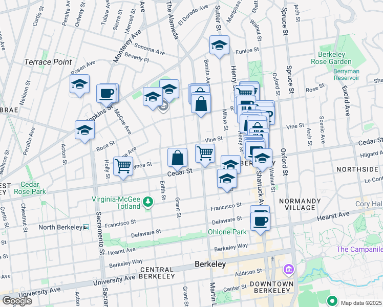 map of restaurants, bars, coffee shops, grocery stores, and more near 1500 Martin Luther King Junior Way in Berkeley