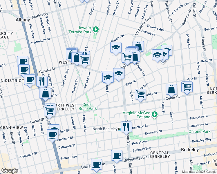 map of restaurants, bars, coffee shops, grocery stores, and more near 1400 Ada Street in Berkeley