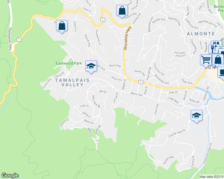 map of restaurants, bars, coffee shops, grocery stores, and more near 451 Marin Avenue in Mill Valley
