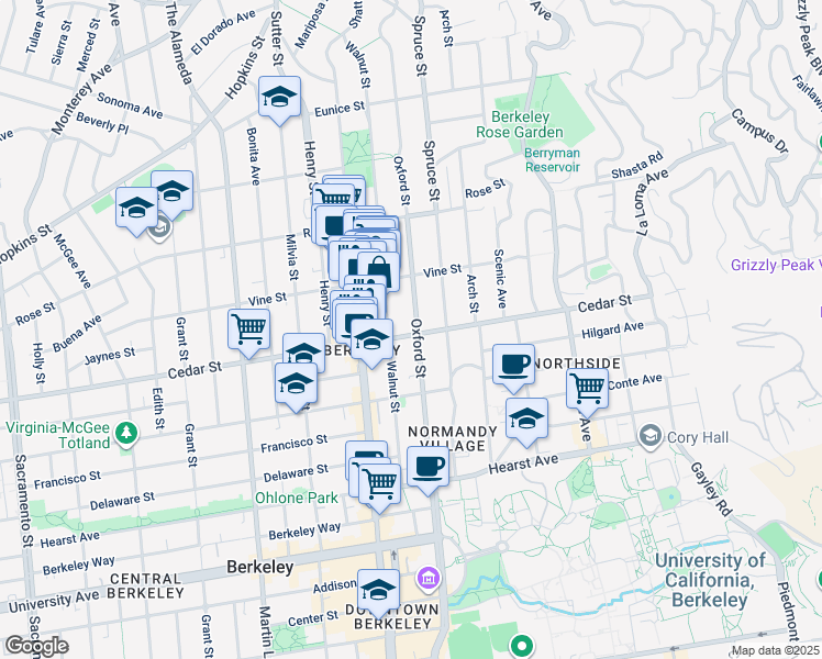 map of restaurants, bars, coffee shops, grocery stores, and more near 2145 Cedar Street in Berkeley
