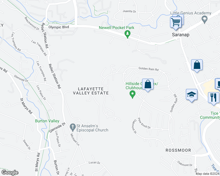 map of restaurants, bars, coffee shops, grocery stores, and more near 1401 Skycrest Drive in Walnut Creek