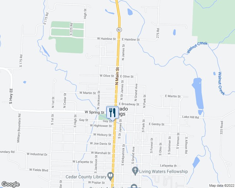 map of restaurants, bars, coffee shops, grocery stores, and more near 121 East Martin Street in El Dorado Springs