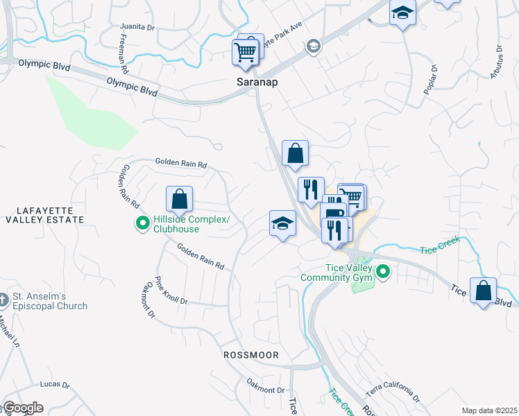 map of restaurants, bars, coffee shops, grocery stores, and more near 2080 Golden Rain Road in Walnut Creek