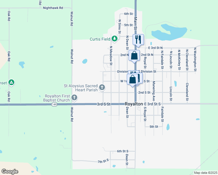 map of restaurants, bars, coffee shops, grocery stores, and more near 200 South Meadow Street in Royalton