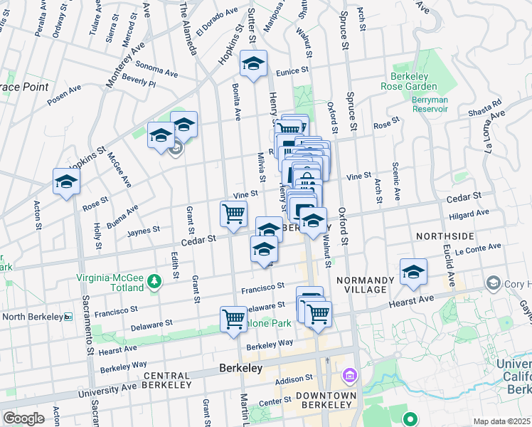 map of restaurants, bars, coffee shops, grocery stores, and more near 1556 Milvia Street in Berkeley