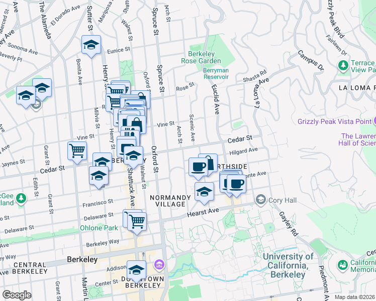 map of restaurants, bars, coffee shops, grocery stores, and more near 1589 Scenic Avenue in Berkeley