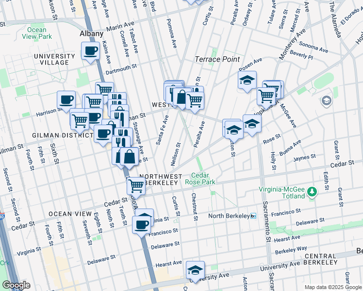 map of restaurants, bars, coffee shops, grocery stores, and more near 1355 Curtis Street in Berkeley