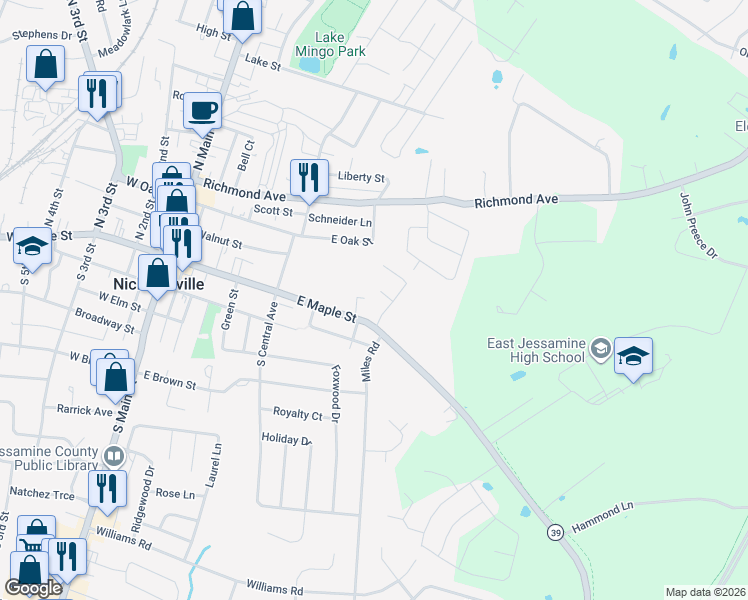 map of restaurants, bars, coffee shops, grocery stores, and more near 112 Maple Nut Circle in Nicholasville