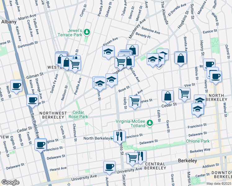 map of restaurants, bars, coffee shops, grocery stores, and more near Sacramento Street & Rose Street in Berkeley