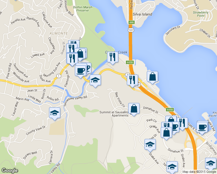 map of restaurants, bars, coffee shops, grocery stores, and more near 4 Ridgeview Ct in Sausalito