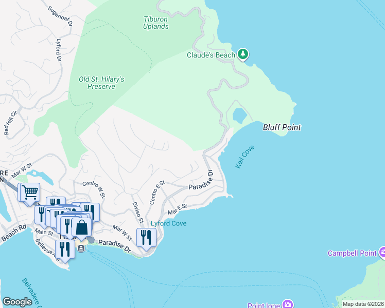 map of restaurants, bars, coffee shops, grocery stores, and more near 2490 Spanish Trail Road in Tiburon