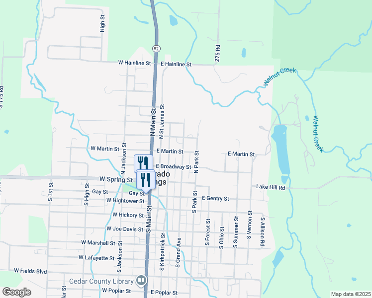 map of restaurants, bars, coffee shops, grocery stores, and more near 301 North Grand Avenue in El Dorado Springs