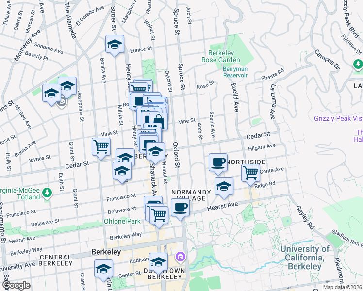 map of restaurants, bars, coffee shops, grocery stores, and more near 2209 Cedar Street in Berkeley