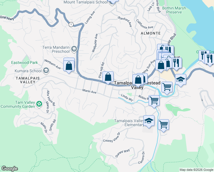 map of restaurants, bars, coffee shops, grocery stores, and more near 309 Sunset Way in Mill Valley