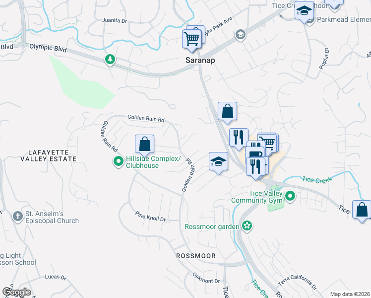 map of restaurants, bars, coffee shops, grocery stores, and more near 2100 Golden Rain Road in Walnut Creek