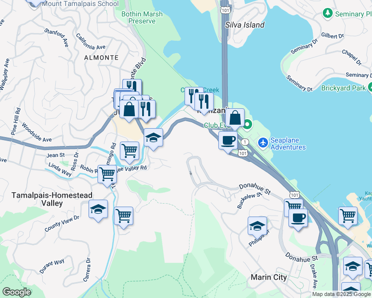 map of restaurants, bars, coffee shops, grocery stores, and more near 4 Ridgeview Court in Sausalito