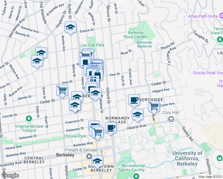 map of restaurants, bars, coffee shops, grocery stores, and more near 2209 Cedar Street in Berkeley