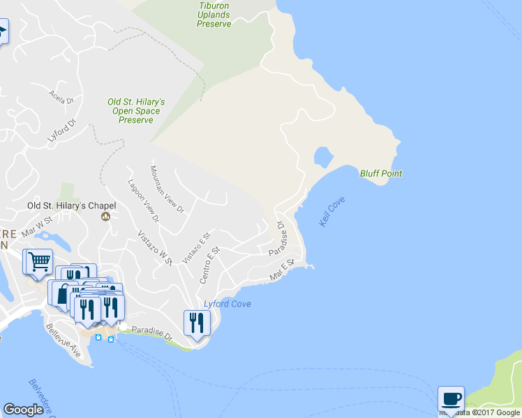 map of restaurants, bars, coffee shops, grocery stores, and more near 2490 Spanish Trail Road in Tiburon