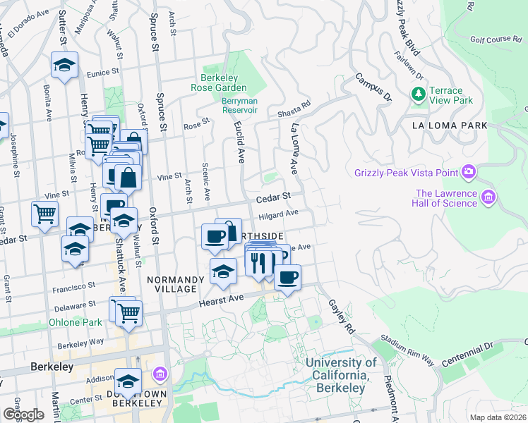 map of restaurants, bars, coffee shops, grocery stores, and more near 2541 Hilgard Avenue in Berkeley
