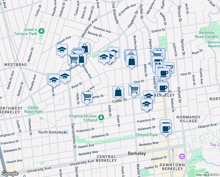map of restaurants, bars, coffee shops, grocery stores, and more near 1433 Edith Street in Berkeley