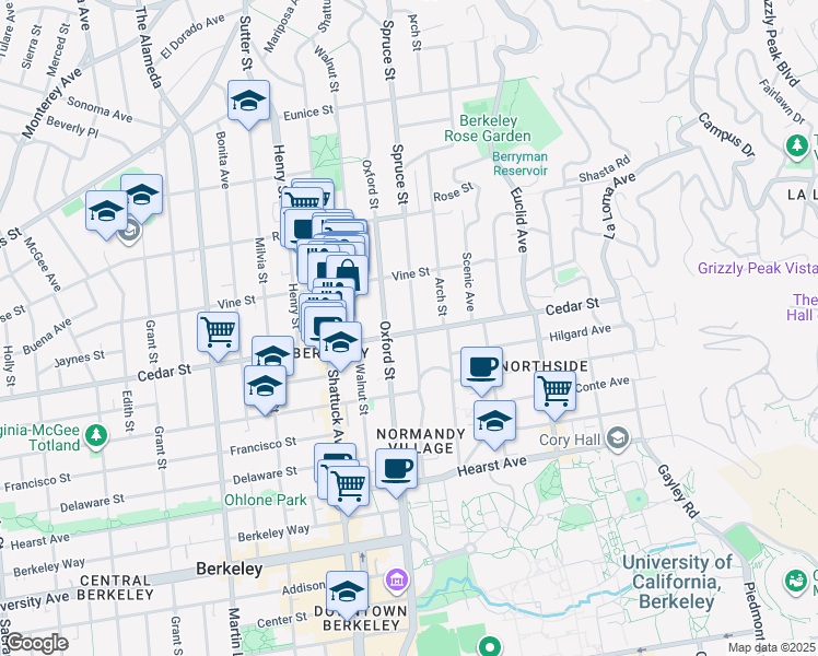 map of restaurants, bars, coffee shops, grocery stores, and more near 2233 Cedar Street in Berkeley