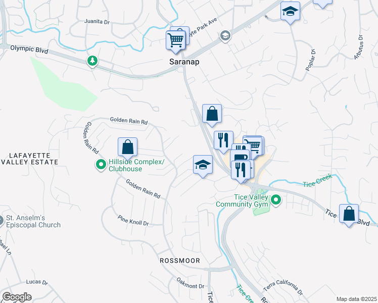 map of restaurants, bars, coffee shops, grocery stores, and more near 2080 Golden Rain Road in Walnut Creek