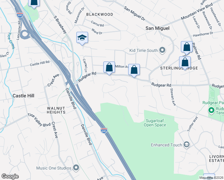 map of restaurants, bars, coffee shops, grocery stores, and more near 134 Rudgear Drive in Walnut Creek