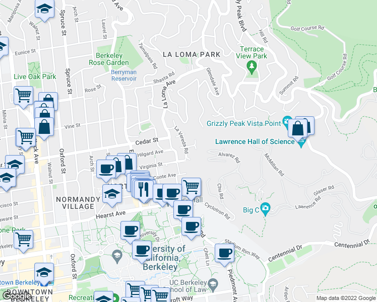 map of restaurants, bars, coffee shops, grocery stores, and more near 2735 Hilgard Avenue in Berkeley