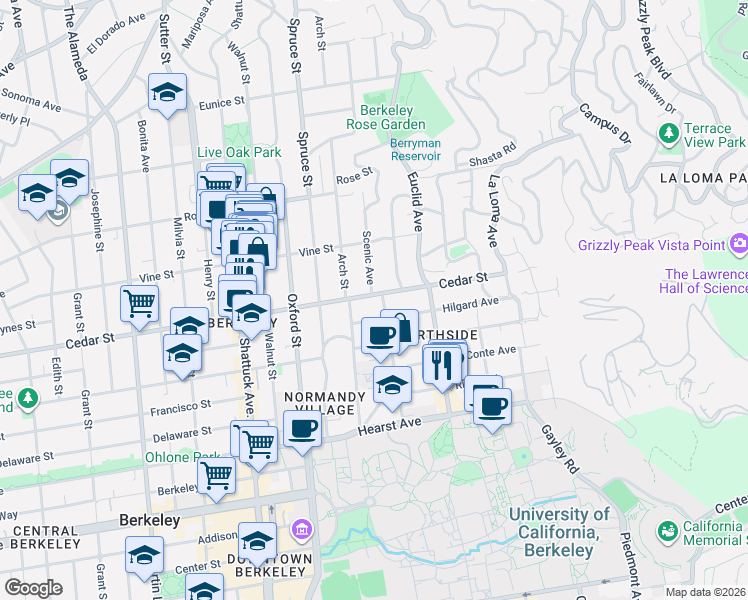 map of restaurants, bars, coffee shops, grocery stores, and more near 1589 Scenic Avenue in Berkeley