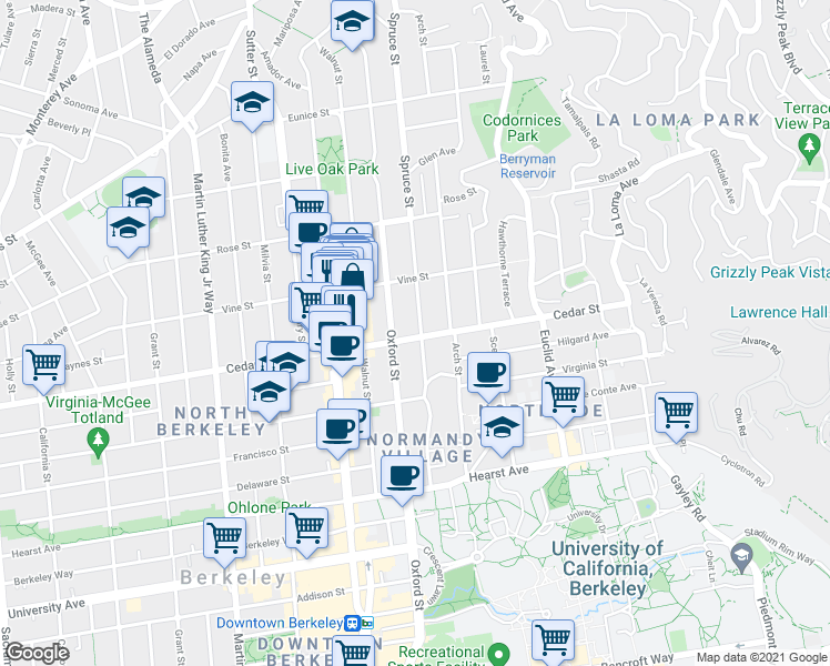 map of restaurants, bars, coffee shops, grocery stores, and more near in Berkeley