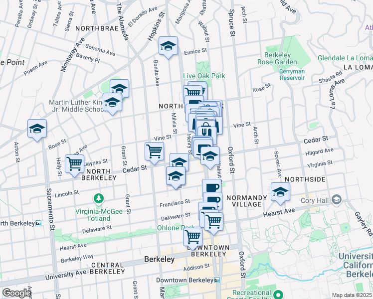 map of restaurants, bars, coffee shops, grocery stores, and more near 1516 Henry Street in Berkeley