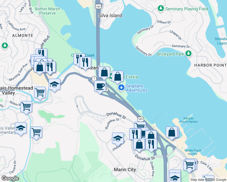 map of restaurants, bars, coffee shops, grocery stores, and more near 260 Redwood Highway Frontage Road in Mill Valley