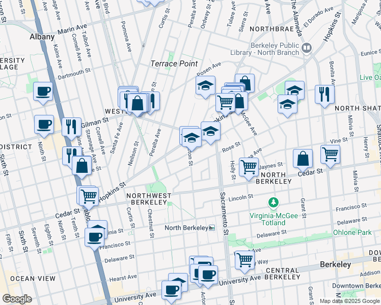 map of restaurants, bars, coffee shops, grocery stores, and more near 1400 Ada Street in Berkeley